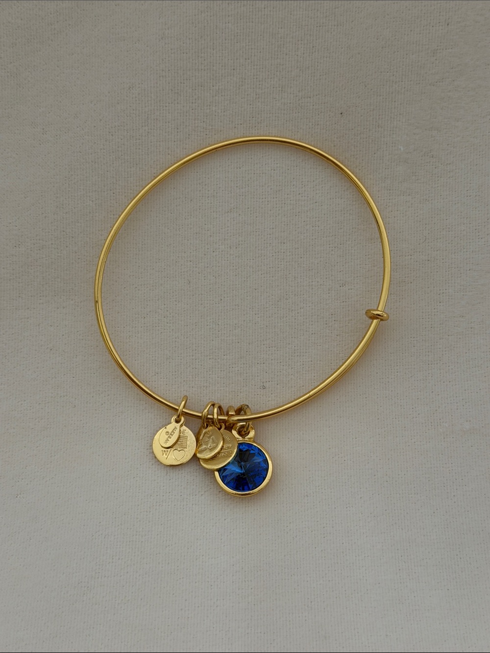 Alex And Ani Gold-Tone Charm Bangle Bracelet with Blue Crystal Charm - Picture 1 of 4